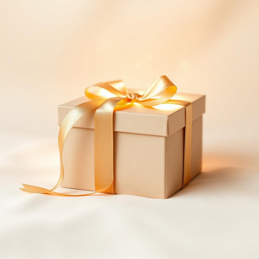 Champagne gold gift box wrapped in satin ribbon, glowing softly